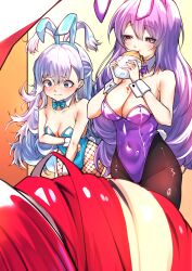 3girls :t animal_ear_hairband animal_ears black_panties blue_bow blue_bowtie blue_hair blue_hairband blue_leotard blush bow bowtie breasts burger cleavage constricted_pupils covering_chest covering_crotch covering_privates detached_collar double-parted_bangs eating embarrassed fake_animal_ears fishnet_pantyhose fishnets food hairband half_updo highres holding holding_burger holding_food hololive hololive_indonesia kghazir kobo_kanaeru kureiji_ollie leotard long_hair looking_at_another moona_hoshinova multiple_girls nervous_sweating panties pantyhose playboy_bunny purple_eyes purple_hair purple_hairband purple_leotard rabbit_ear_hairband rabbit_ears red_hair sideways_glance small_breasts strapless strapless_leotard sweat traditional_bowtie underwear virtual_youtuber white_hair wing_collar wrist_cuffs