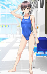 Rule 34 | 1girl, absurdres, barefoot, blue one-piece swimsuit, breasts, brown hair, chair, clothes writing, collarbone, commentary request, competition swimsuit, covered navel, full body, green eyes, highleg, highleg one-piece swimsuit, highres, indoors, lifeguard chair, looking at viewer, low twintails, one-piece swimsuit, original, pool ladder, poolside, short hair, small breasts, solo, standing, string of flags, swimsuit, takafumi, twintails, v, variant set