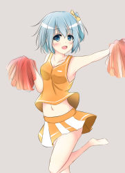 10s 1girl :d alternate_hairstyle bad_feet bad_id bad_pixiv_id blue_eyes blue_hair bow cheerleader collarbone female_focus hair_bow highres mahou_shoujo_madoka_magica mahou_shoujo_madoka_magica_(anime) matching_hair/eyes midriff miki_sayaka navel open_mouth pom_pom_(cheerleading) shiina_kuro short_hair side_ponytail smile solo