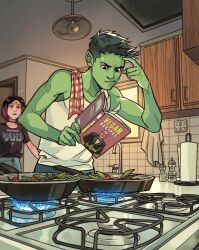 Rule 34 | 1boy, 1girl, beast boy (dc), black eyes, book, colored skin, confused, cooking, couple, dc comics, fire, food, gabriel picolo, gabriel picolo (artist), green hair, green skin, nervous sweating, pointy ears, purple hair, purple lips, raven (dc), reading, surprised, sweat, teen titans, vegetable