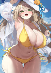 1girl absurdres arm_up bikini blue_archive blue_sky blush breasts brown_hair cleavage cloud cloudy_sky commentary cowboy_shot day flower front-tie_bikini_top front-tie_top gluteal_fold green_eyes hat hat_flower highres huge_breasts long_hair long_sleeves looking_at_viewer navel nonomi_(blue_archive) nonomi_(swimsuit)_(blue_archive) official_alternate_costume open_clothes open_mouth open_shirt outdoors plump see-through_clothes see-through_shirt shirt side-tie_bikini_bottom skindentation sky smile solo stomach sun_hat swimsuit teeth thick_thighs thighs tol10131 upper_teeth_only very_long_hair wet white_hat white_shirt wide_hips yellow_bikini yellow_flower