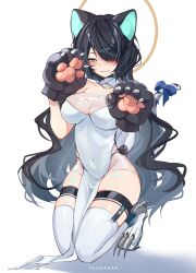 Rule 34 | 1girl, absurdres, animal ears, animal hands, aqua eyes, artist name, blush, breasts, clawed feet, cleavage, colored inner hair, commentary, covered navel, dress, english commentary, erina makina, garter straps, gloves, grey hair, hair over one eye, halo, highres, keisea, kneeling, large breasts, long hair, looking at viewer, multicolored hair, one eye covered, paw gloves, pelvic curtain, phase connect, prosthesis, prosthetic arm, ribbon, second-party source, solo, tail, tail ornament, tail ribbon, thighhighs, tiger ears, tiger girl, tiger tail, two-tone hair, very long hair, virtual youtuber, wavy hair, white background, white dress, white thighhighs