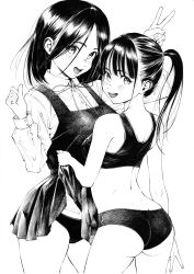 2girls absurdres ass back clothes_lift collared_shirt dress gagaimo greyscale highres long_hair looking_at_viewer looking_back monochrome multiple_girls open_mouth original pinafore_dress ponytail shirt simple_background skirt skirt_lift sleeveless sleeveless_dress smile sports_bikini traditional_media v