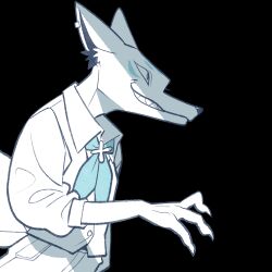 animal_ear_fluff animal_ears black_background blue_neckerchief cocomayo29_(tomato) dutch_angle facial_mark fox_ears from_side furry grin hololive looking_ahead neckerchief no_humans sharp_teeth shirt simple_background smile sukonbu_(shirakami_fubuki) teeth upper_body white_shirt