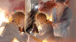 2boys alhaitham_(genshin_impact) asymmetrical_sidelocks blonde_hair blue_feathers closed_mouth earrings feather_hair_ornament feathers genshin_impact gloves grey_hair hair_between_eyes hair_ornament highres jewelry kaveh_(genshin_impact) long_hair long_sleeves looking_at_mirror male_focus mirror multicolored_hair multiple_boys red_eyes shirt short_hair tying_hair white_shirt youlili