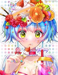 1girl blue_hair blue_nails breasts butter cake cake_slice candy_earrings choker cleavage collarbone commentary_request cream cream_on_face cup drinking_straw eyeshadow flower food food-themed_hair_ornament food_on_face fork frilled_choker frills fruit green_eyes green_nails hair_flower hair_ornament hakurokku holding holding_cup holding_fork large_breasts lipstick looking_at_viewer macaron makeup multicolored_nails nail_polish orange_(fruit) orange_slice original pancake parted_lips pink_eyeshadow pocky polka_dot polka_dot_background polka_dot_nails portrait red_flower red_lips red_rose rose short_twintails solo sprinkles strawberry syrup twintails twitter_username yellow_flower