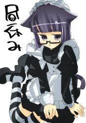 Rule 34 | 1girl, animal ears, apron, black dress, black hair, black shoes, cat ears, cat girl, cat tail, collared dress, dress, frilled apron, frills, full body, glasses, highres, juliet sleeves, long hair, long sleeves, looking at viewer, maid, maid apron, original, puffy sleeves, purple eyes, semi-rimless eyewear, shoes, simple background, sitting, sleeve cuffs, solo, striped clothes, striped thighhighs, tail, thighhighs, veloexotica, white apron, white background, yokozuwari