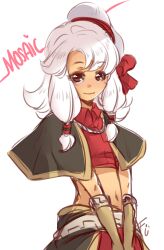 1girl adapted_costume black_capelet black_skirt bow brown_eyes brown_gloves capelet closed_mouth collared_shirt commentary cowboy_shot crop_top english_commentary flat_chest fumiddition gloves hair_bow heart long_hair looking_at_viewer mage_(ragnarok_online) midriff navel ragnarok_online red_bow red_shirt shirt simple_background skirt smile solo white_background white_hair