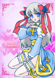 1girl arch_bishop_(ragnarok_online) blue_dress blue_eyes blue_flower blue_rose blush bow breasts cleavage cleavage_cutout clothing_cutout commentary_request copyright_name cross dress fishnet_thighhighs fishnets flower frilled_thighhighs frills full_body grey_hair hair_bow heart heart_background juliet_sleeves large_breasts long_hair long_sleeves looking_at_viewer pink_background puffy_sleeves ragnarok_online red_bow rose sash seiza sitting solo thighhighs two-tone_dress white_dress white_thighhighs yazawa_kazuki yellow_sash