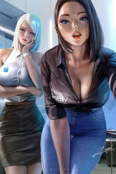 2021 2girls apple_inc. arm_under_breasts banned_artist bare_shoulders black_hair black_shirt black_skirt blue_eyes blue_pants blush breasts cleavage collarbone collared_shirt cowboy_shot denim downblouse forehead freckles indoors jeans large_breasts leaning_forward legs_together looking_at_viewer medium_hair medium_skirt mole mole_under_eye multiple_girls open_mouth pants parted_bangs pencil_skirt product_girl samsung samsung_sam shirt skirt sleeveless sleeveless_shirt standing thigh_gap tight_skirt white_hair zumi_(zumidraws)