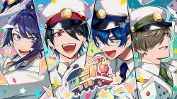 4boys :d arm_up black_hair blue_eyes blue_hair blue_necktie brown_hair character_request collared_shirt dice eyes_visible_through_hair gloves green_necktie grey_eyes hair_over_one_eye hand_on_headwear hat highres jacket leos_vincent male_focus matching_outfits multiple_boys nagao_kei necktie nijisanji ninahachi oliver_evans open_mouth peaked_cap purple_hair purple_necktie red_eyes red_necktie shirt smile star_(symbol) upper_body virtual_youtuber white_gloves white_hat white_jacket white_shirt