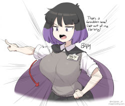 1girl arrow_(symbol) black_hair breasts cape collared_shirt emphasis_lines english_text hand_on_own_hip hilda_(series) kaisa_(hilda) large_breasts librarian magister multicolored_hair name_tag pointing purple_cape purple_hair shirt short_hair short_sleeves simple_background solo sweater_vest two-tone_hair upper_body white_background white_shirt witch
