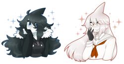 2girls anchor_symbol black_gloves black_hair black_jacket bleubears blue_eyes blue_outline buttons closed_mouth collared_shirt colored_skin cropped_torso fins funamusea gallaxi genderswap genderswap_(mtf) gloves hand_on_own_chest hand_up head_fins jacket long_hair looking_at_viewer multiple_girls neckerchief oounabara_to_wadanohara outline overalls red_eyes red_neckerchief red_outline sailor_collar samekichi_(funamusea) shark_girl shirt smile sparkle syakesan_(funamusea) teeth transparent_background white_hair white_sailor_collar white_shirt white_skin wide-eyed