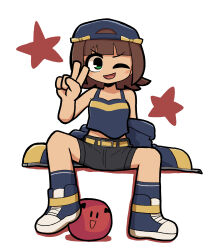 1girl :d amami_haruka armpits backwards_hat bare_shoulders baseball_cap belt belt_buckle black_ribbon black_shorts blue_camisole blue_shoes blue_socks blunt_bangs breasts brown_hair buckle camisole cartoonized cleavage commentary_request fis_(t83192933) green_eyes hair_ribbon hat highres idolmaster idolmaster_(classic) idolmaster_million_live! idolmaster_million_live!_theater_days light_blush looking_at_viewer medium_hair midriff off_shoulder one_eye_closed open_mouth red_ball ribbon shoes shorts simple_background sitting small_breasts smile sneakers socks solo spread_legs star_(symbol) toon_(style) v v-shaped_eyebrows white_background yellow_belt yellow_ribbon