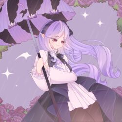 1girl dress highres long_sleeves mihoyo multicolored_hair pantyhose pointy_ears simple_background skirt smile umbrella usagipurincafe vampire vivian_banshee zenless_zone_zero