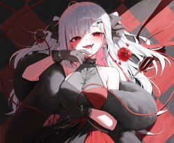 1girl akane_lize bare_shoulders black_dress black_gloves blood blood_on_face breasts cleavage dress earrings fang fangs feather_boa gloves highres huhi_(huhi_1211) jewelry long_hair looking_at_viewer mole mole_under_eye necklace open_mouth red_dress red_eyes smile stellive two-tone_dress virtual_youtuber