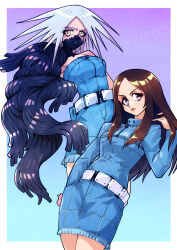2girls belt blue_background blue_dress body_horror border brown_hair commission cowboy_shot demon_girl denim denim_dress dress gradient_background hand_in_own_hair hand_in_pocket highres long_hair multiple_girls pixiv_commission purple_background saika_(pixiv43370196) shin_megami_tensei shin_megami_tensei_iii:_nocturne signature tachibana_chiaki_(megami_tensei) white_hair yellow_eyes