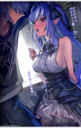 1boy 1girl bare_shoulders black_pantyhose blush breasts clenched_hand commentary_request fang grey_hair heart hetero large_breasts long_hair mole mole_under_eye paid_reward_available pantyhose pointy_ears purple_nails red_eyes sideboob sleeveless sweatdrop teeth towatowa114 translation_request vivian_banshee wise_(zenless_zone_zero) zenless_zone_zero