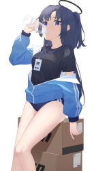 1girl absurdres bare_legs black_halo black_shirt blue_archive blue_buruma blue_jacket bottle box breasts buruma cardboard_box collared_jacket commentary drinking feet_out_of_frame gym_uniform halo highres holding holding_bottle id_card jacket jacket_partially_removed knees legs ling_yin long_hair long_sleeves looking_at_viewer mechanical_halo medium_breasts millennium_science_school_logo official_alternate_costume on_box one_side_up parted_bangs partially_open_jacket puffy_long_sleeves puffy_sleeves purple_eyes purple_hair shirt short_sleeves sidelocks simple_background sitting sitting_on_box solo star_(symbol) star_sticker sticker_on_face sweat t-shirt track_jacket water_bottle white_background yuuka_(blue_archive) yuuka_(track)_(blue_archive) zipper