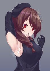 absurdres armpits azur_lane beret black_gloves brown_hair commentary_request cum cum_in_mouth cum_on_armpits cum_on_body gloves gradient_background grey_background hat highres looking_at_viewer noe_(ppppriver) red_eyes tagme tongue tongue_out z2_georg_thiele_(azur_lane) z2_georg_thiele_(high-rise_high-style)_(azur_lane)