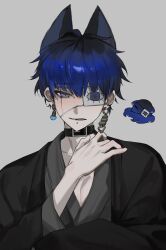 1boy animal_ears belt_collar blue_eyes blue_hair collar earrings eyepatch face_piercing grey_background highres jewelry licking_lips light_blush looking_at_viewer male_focus mu_tat0 omokage_yugamu pectoral_cleavage pectorals piercing solo the_hundred_line_-last_defense_academy- tongue tongue_out upper_body