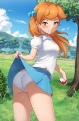 1girl ass blue_skirt blue_sky blush breasts brown_eyes brown_hair bush clothes_lift dirt_road grass highres holding holding_poke_ball kamuchin_soda lass_(pokemon) lifting_own_clothes long_hair looking_at_viewer looking_back medium_breasts mountainous_horizon nintendo one_side_up outdoors panties poke_ball pokemon pokemon_frlg puffy_short_sleeves puffy_sleeves road shirt short_sleeves skirt skirt_lift sky solo teeth tree underwear white_panties white_shirt