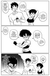 1boy 1girl abs angry biceps black_hair breasts cleavage couple dragon_ball english_text funsexydragonball gym_uniform happy muscular muscular_female muscular_male serious short_hair smile son_gohan speech_bubble videl