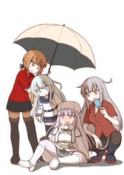 4girls black_boots black_gloves black_pantyhose black_sailor_collar black_skirt black_thighhighs blunt_bangs boots clothes_lift collared_shirt dress dress_lift fur_hat gangut_(kancolle) gloves grey_overskirt hat hibiki_(kancolle) highres kantai_collection kirov_(kancolle) long_hair multiple_girls nemu_(nemurakka) pantyhose papakha pink_eyes pink_hair pleated_skirt red_shirt sailor_collar school_uniform serafuku shirt simple_background sitting skirt tashkent_(kancolle) thigh_boots thighhighs umbrella verniy_(kancolle) white_background white_dress white_hat white_overskirt white_shirt