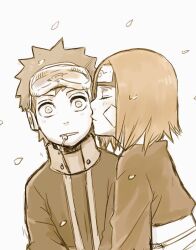 Rule 34 | 1boy, 1girl, blush, forehead protector, goggles, hetero, jacket, kissing cheek, meitarou, naruto (series), naruto shippuuden, nohara rin, short hair, spiked hair, uchiha obito