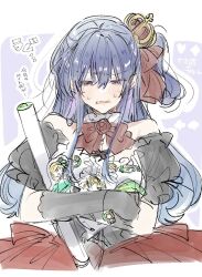 1girl black_dress black_gloves blue_hair blush bow bowtie commentary_request dress gloves highres izumi_shiho long_hair mizuguchi_aki nervous_sweating off-shoulder_dress off_shoulder open_mouth pink_eyes red_bow red_bowtie sasayaku_you_ni_koi_wo_utau sidelocks solo sweat takeshima_eku translation_request