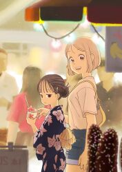 2girls :d absurdres age_difference amano_saku black_eyes black_hair blonde_hair brown_eyes closed_mouth comic_cover cover cover_page denim denim_shorts festival floral_print floral_print_kimono hair_bun hair_ornament hairclip hasegawa_minato highres hotei_ran japanese_clothes kimono long_hair looking_at_viewer low-tied_long_hair manga_cover multiple_girls night obi official_art open_mouth outdoors print_kimono sabotage_summer sash shirt short_hair short_shorts short_sleeves shorts smile standing summer summer_festival summer_uniform t-shirt walking yukata