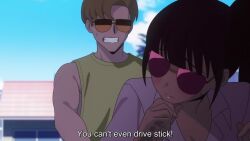 1boy 2girls against_wall animated anime_screenshot arm_behind_head ass black_bra blonde_hair blush bouncing_breasts bra bra_peek breasts buttons cleavage close-up clothed_sex condom doggystyle glasses gradient_hair green_shirt heart heart_necklace highres jewelry katagiri_nanase large_breasts long_hair mole mole_under_eye multicolored_hair multiple_girls necklace nukigee_mitai_na_shima_ni_sunderu_watashi_wa_dou_surya_ii_desu_ka? ponytail red_hair red_skirt seductive_smile sex sex_from_behind shirt sidelocks skirt smile sound standing standing_sex subtitled tagme thigh_strap torso_grab two-tone_hair underwear used_condom video white_shirt yellow_eyes
