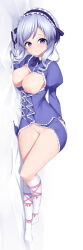 1girl absurdres bandaid bandaid_on_pussy black_hairband bow breasts character_request cleavage closed_mouth commission dakimakura_(medium) dress frilled_dress frilled_hairband frills gloves grey_hair hairband highres kneehighs long_hair long_sleeves lying medium_breasts nai_(cnoadi8) nipples on_side pink_bow pink_ribbon purple_dress purple_eyes ribbon sister_princess skeb_commission smile socks solo white_gloves white_socks