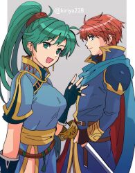 1boy 1girl blue_cape blue_dress blue_eyes cape dress eliwood_(fire_emblem) fingerless_gloves fire_emblem fire_emblem:_the_blazing_blade gloves green_eyes green_hair grey_background hand_up highres kiriya_(552260) looking_at_viewer lyn_(fire_emblem) nintendo ponytail red_hair simple_background smile sword weapon