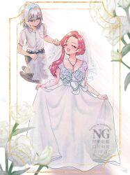 1boy 1girl :d ^_^ absurdres belt black_pants blue_eyes breasts bridal_veil bride cleavage closed_eyes collarbone commentary dress flower ghost hanazono_hakari happy highres jewelry kimi_no_koto_ga_dai_dai_dai_dai_daisuki_na_100-nin_no_kanojo large_breasts long_hair looking_at_another nail_polish necklace open_mouth pants pink_hair pink_nails rose shirt short_sleeves skirt_hold smile veil watermark wedding_dress white_belt white_dress white_flower white_hair white_rose white_shirt zarame_niboshi