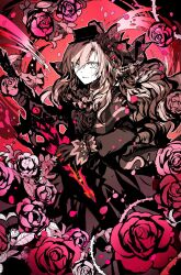 Rule 34 | 1girl, balmung kriemhild (fate), black dress, black hat, blue eyes, crying, crying with eyes open, dress, fate/grand order, fate (series), flower, grey hair, hat, highres, kriemhild (fate), kriemhild (first ascension) (fate), long hair, looking at viewer, plant, red flower, red rose, rioka (southern blue sky), rose, solo, tears, thorns, vines