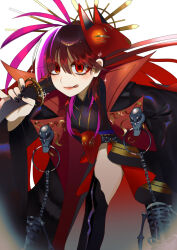 1girl black_hair black_kimono black_nails chain fate/grand_order fate_(series) fox_mask highres japanese_clothes kimono kmot_ybsg long_hair mask multicolored_hair obi oda_nobunaga_(exhibition_attire)_(fate) oda_nobunaga_(fate) pink_hair popped_collar red_eyes red_hair red_mask sash simple_background skeleton smile solo sparkle streaked_hair sword tongue tongue_out weapon white_background