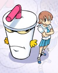 1girl aioi_yuuko aqua_teen_hunger_force artist_name blue_neckerchief blue_skirt brown_eyes brown_hair colored_sclera commentary crossed_arms crossover cup disposable_cup drinking_straw emer_drawn english_commentary frown gakuran looking_at_viewer master_shake neckerchief nichijou pleated_skirt sailor_collar school_uniform shirt short_hair skirt smile socks standing tokisadame_school_uniform v-shaped_eyebrows white_sailor_collar white_shirt white_socks yellow_sclera zoom_layer