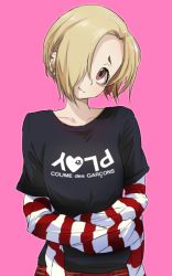 Rule 34 | 10s, 1girl, 71 (nanaichi drafting), bags under eyes, blonde hair, clothes writing, earrings, female focus, hair over one eye, head tilt, idolmaster, idolmaster cinderella girls, jewelry, long sleeves, looking at viewer, red eyes, shirasaka koume, short hair, sleeves past wrists, smile, solo, striped sleeves