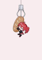 Rule 34 | &gt; &lt;, 1girl, ahoge, belt, black shirt, black skirt, black thighhighs, blush, brown background, chibi, chibi only, crane game, detached sleeves, dress, drill hair, food, full body, hair between eyes, highres, holding, holding food, kasane teto, kasane teto (utau), miniskirt, open mouth, red belt, red hair, shirt, simple background, skirt, sleeveless, sleeveless dress, solo, sweat, thighhighs, twin drills, uparupa 04, utau, zettai ryouiki