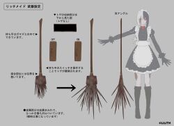 almeria_(taimanin_series) black_boots black_hair boots bow broom concept_art cuffs full_body knee_boots kneehighs lich lilith-soft maid maid_headdress multicolored_hair official_art pale_skin red_bow red_eyes scar scar_on_face socks spikes taimanin_(series) taimanin_rpgx weapon white_hair