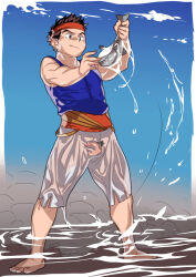 1boy animal bad_id bad_pixiv_id bad_source barefoot biceps blue_tank_top brown_headband closed_mouth covered_testicles fire_emblem fire_emblem:_the_sacred_stones fish fishing flaccid headband holding holding_animal holding_fish looking_at_animal male_focus male_pubic_hair muscular muscular_male nezumi_ranna nintendo on_water pants penis pubic_hair ross_(fire_emblem) see-through_clothes see-through_pants shota tank_top water wet_pants