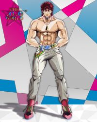 1boy abs anime_coloring arms_behind_back belt belt_buckle birthmark boots buckle choker commentary denim earrings full_body genda_art green_belt grey_eyes grey_pants highres jeans jewelry joestar_birthmark jojo_no_kimyou_na_bouken jonathan_joestar logo looking_at_viewer male_focus manly messy_hair muscular muscular_male necklace official_style pants pectorals phantom_blood recolored red_belt red_boots red_choker red_hair shadow solo stone_mask_(jojo) stud_earrings topless_male triangle_print yellow_lips