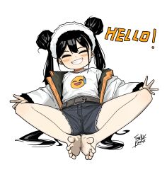 1girl barefoot black_hair blush closed_eyes double_bun feet grin hair_bun hands_on_own_knees highres long_hair micro_shorts sally_frank shorts smile soles toes twintails