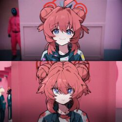 1girl 1other :3 blood blood_on_clothes blue_archive blue_eyes blush closed_mouth commentary double_bun green_jacket hair_between_eyes hair_bun halo highres jacket looking_at_viewer maki_(blue_archive) meme paint_splatter patanda photo_background red_hair red_halo shirt squid_game squid_game v-shaped_eyebrows white_shirt year_1_&amp;_year_2_(squid_game)_(meme)