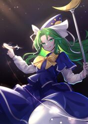 1girl absurdres blue_dress blue_headwear bow bowtie crescent crescent_wand dress ghost_tail green_eyes green_hair hat highres holding holding_staff long_hair looking_at_viewer mima_(touhou) night night_sky rinkaito1231 shirt sky smile staff sun_print touhou white_shirt wizard_hat yellow_bow yellow_bowtie