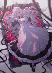 1girl apron black_dress black_shoes bright_pupils dress flower hair_spread_out highres long_hair looking_at_viewer lying maid maid_headdress necojishi on_back original red_eyes red_flower red_rose rose shoes teeth white_apron white_hair white_pupils