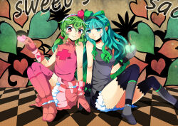 2girls absurdres aqua_hair black_gloves black_hairband black_thighhighs blunt_bangs broken_heart cross cross_print flora_(rabteatime) frilled_hairband frills gloves gradient_hair green_eyes grey_hair hairband happy_heroes heart hero_shang hero_tian highres low_twintails miniskirt multicolored_hair multiple_girls pink_gloves pink_thighhighs red_eyes sitting skirt sleeveless smile thighhighs twintails wavy_hair yuri