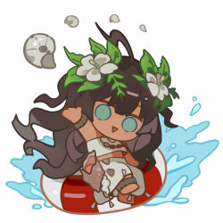 1girl :d absurdres ahoge anklet arm_up barefoot blue_eyes bracelet brown_hair chibi conch fatutu flower full_body hair_flower hair_ornament hibiscus highres jewelry leaf_hair_ornament lifebuoy long_hair long_skirt looking_at_viewer o_o open_mouth quanx70909457 reverse:1999 shirt skirt sleeveless sleeveless_shirt smile solo splashing swim_ring water white_background white_flower white_shirt white_skirt