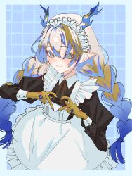 1girl alternate_costume alternate_hairstyle apron arknights black_dress blonde_hair blue_background blue_border blue_hair blush border braid closed_mouth collared_dress colored_extremities commentary dragon_girl dragon_horns dress enmaided eyes_visible_through_hair four-finger_heart_hands frilled_apron frills green_eyes grey_hair hair_between_eyes hair_intakes heart heart_hands highres horns juliet_sleeves long_hair long_sleeves looking_at_viewer maid maid_apron maid_headdress multicolored_hair noise9388967357 pointy_ears puffy_sleeves shu_(arknights) smile solo twin_braids white_apron